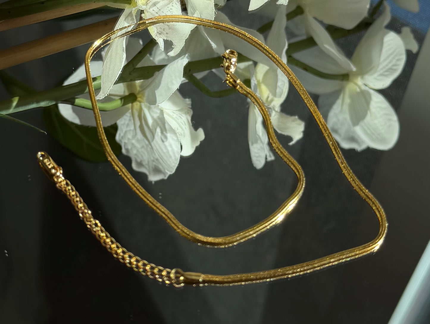Gold Plated Stainless Steel Herringbone Necklace - 16" Chain + 3" Extender