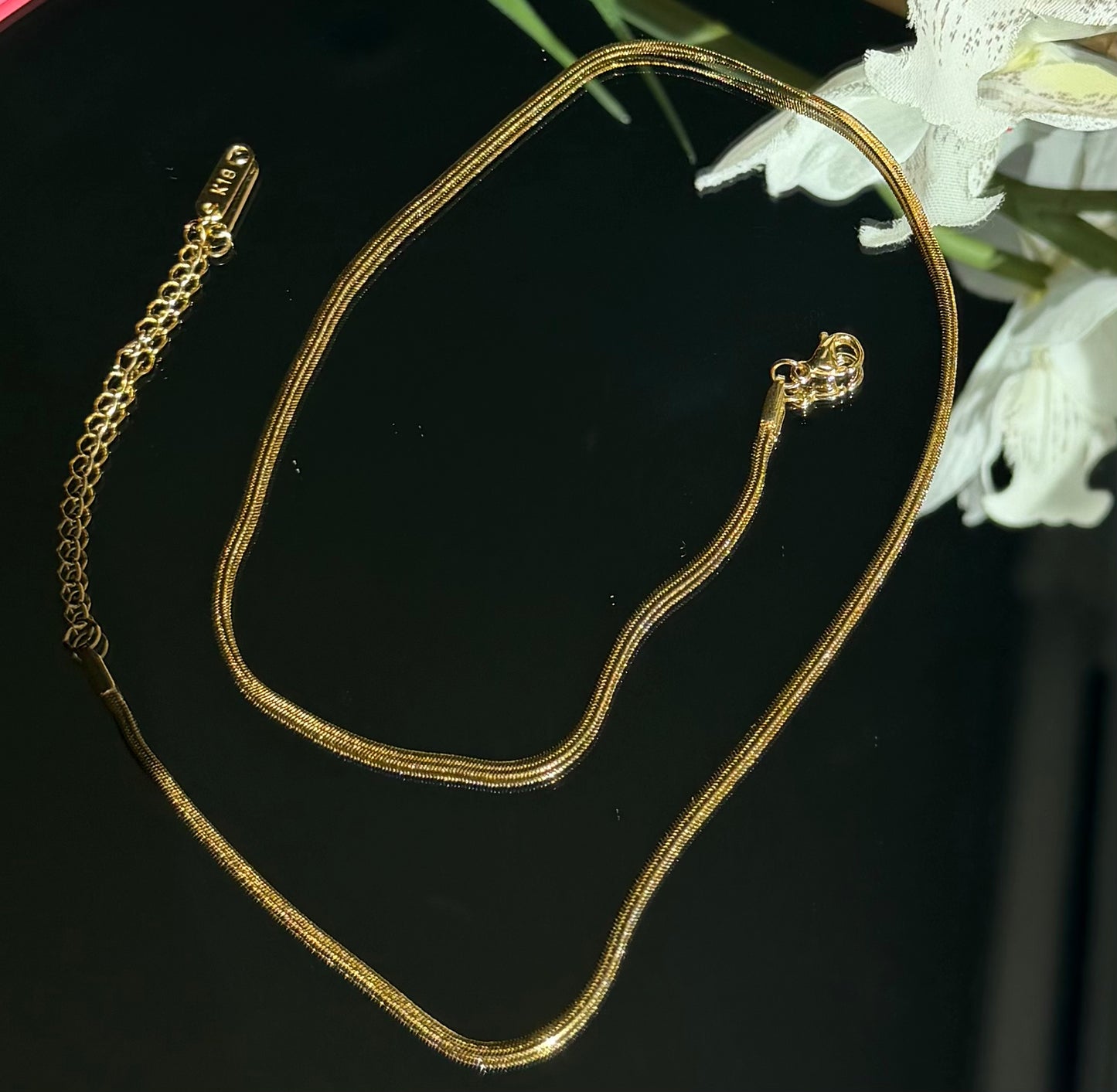 Gold Plated Stainless Steel Herringbone Necklace - 16" Chain + 3" Extender