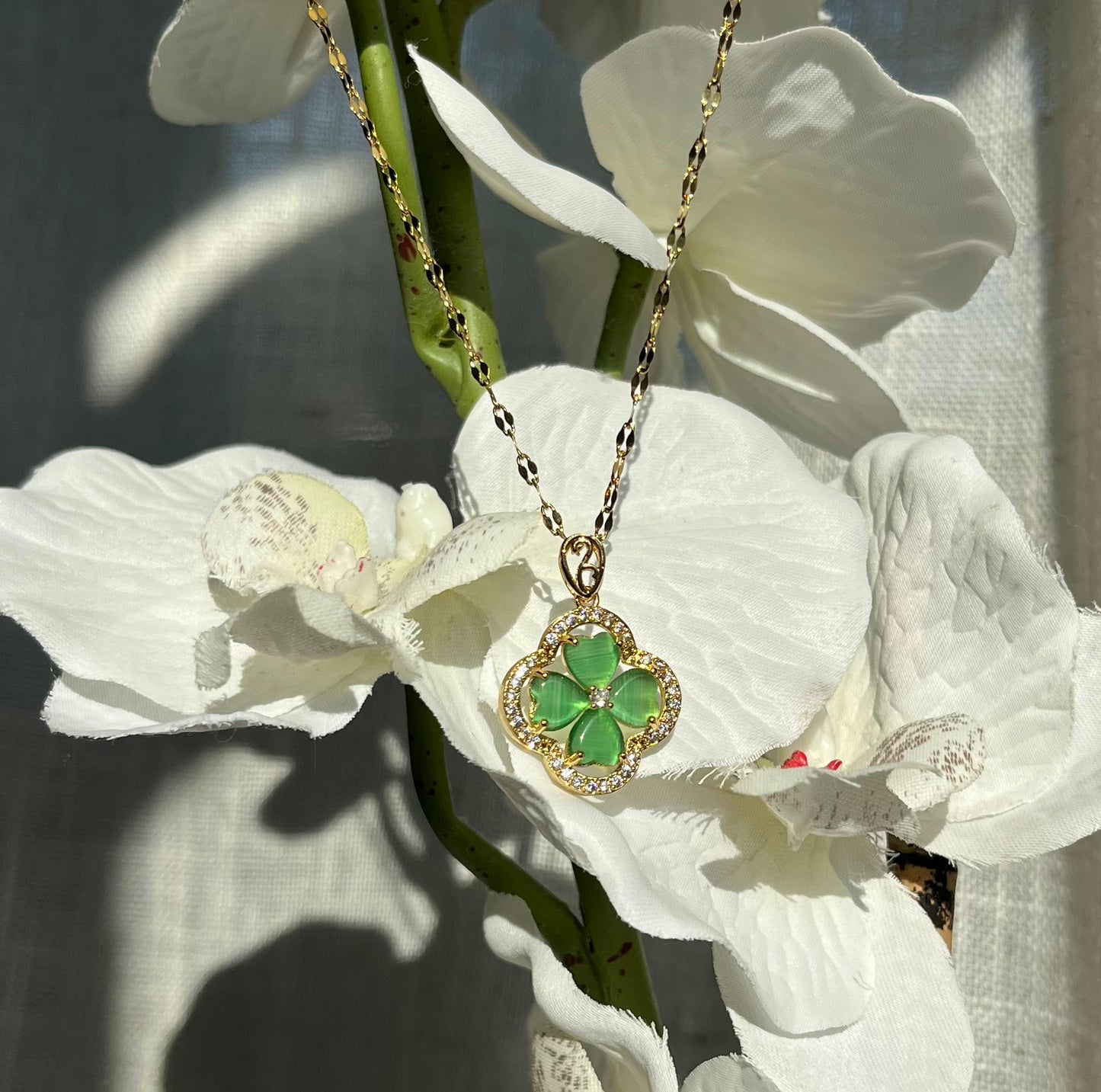 Gold Plated Green Clover Pendant Necklace - 18"